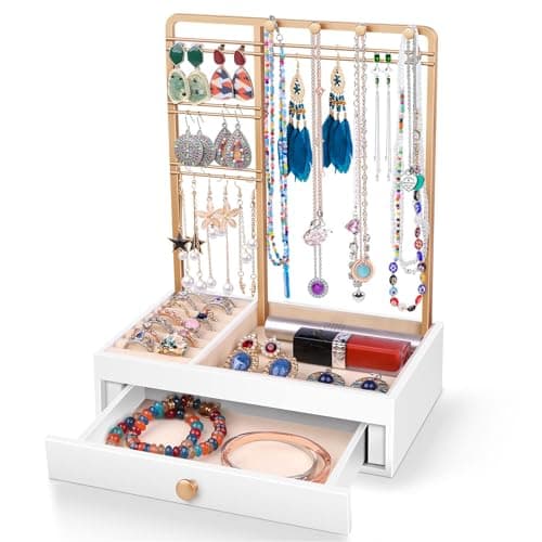 Teamkio Jewelry Stand Tree with Large White Storage Box, Tabletop Jewelry Organizer Display Tree for Necklace, Rings, Bracelets, Watches