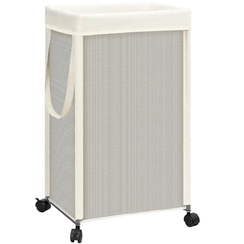 STORAGE MANIAC Laundry Hamper with Wheels, 90L (23.7 Gal) Large Tall Rolling Laundry Basket with Removable and Washable Liner Bag, Aesthetic Dirty Clothes Hamper for College, Dorm, Off-white