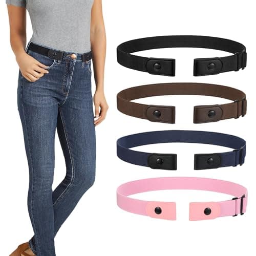 WERFORU 4 Pack No Buckle Invisible Stretch Belt Buckle-Free Elastic Belt for Women and Men Metal Free No Nickle/Metal，Black+Coffee+Blue+Pink，Suit for waist size 22"-34"