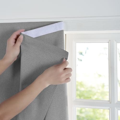 NICETOWN Grey Faux Linen Curtain 100% Blackout Blind Self Adhesive Drape for Cafe, No Drill Easy to Install for Kitchen Window Cover, W35 x L54, 1 Panel