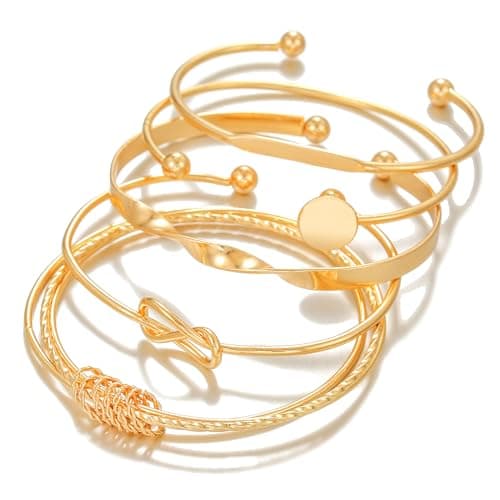 AYWFCBF 5pc Gold Cuffs Bangles Bracelets for Women, 14k Gold Plated Adjustable Open Cuff Stackable Bracelets Set Boho Jewelry Gifts for Women
