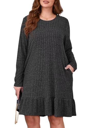 BELAROI Sweater Dress Long Sleeve Dresses for Curvy Women Crew Neck Casual Fall Winter Loose Tunic Pockets Ruffle Hem (Medium, Dark Gray)