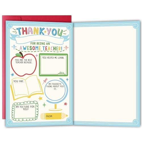 Bewoow Thank You Card Gift for Teacher, Fill in the Blank Appreciation Card from Kids, Interactive Thank You Gift for School Students, Cute End of Year Teacher Thank You Cards