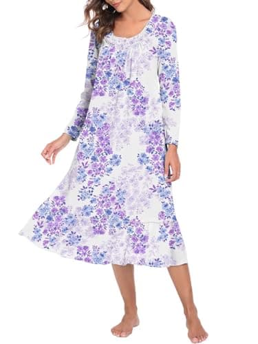 FMIRREO Long Sleeve Cotton Nightgowns for Women Soft Ladies Cotton Nightgown Long Sleep Dress Nightdress Nighties Print Purple L