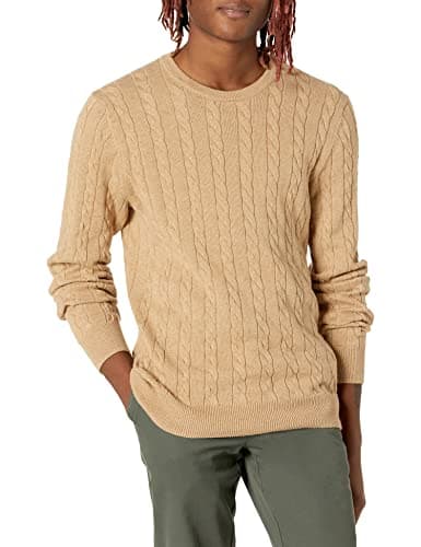 Amazon Essentials Men's Crewneck Cable Cotton Pullover Sweater, Camel Heather, X-Small