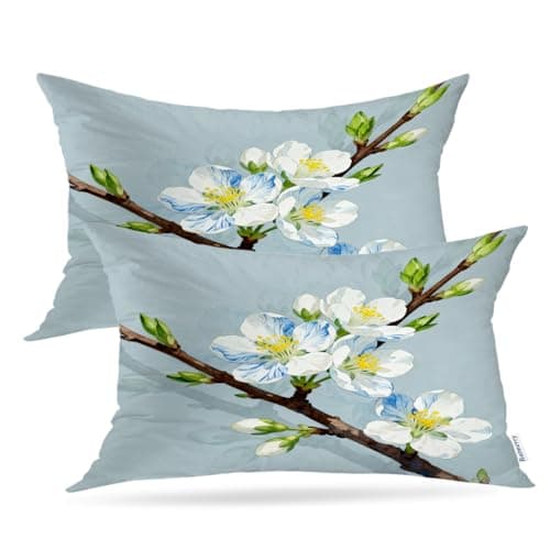 Batmerry Spring Floral Throw Pillow Covers,Floral with Flowering Cherry Tree Decorative Pillow Covers Digital Printing Blended Fabric for Couch Sofa Bed Invisible Zipper 12X20 in