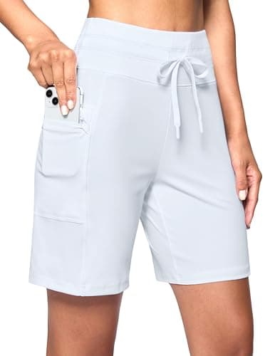 G Gradual Women's 7" Athletic Hiking Long Shorts with Side Pockets High Waisted Stretchy Bermuda Shorts for Women Workout Casual (White, XXL)