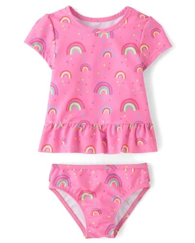 The Children's Place,Baby Girls,and Toddler Short Sleeve Rashguard Swimset,Rainbow Pink,3 Years