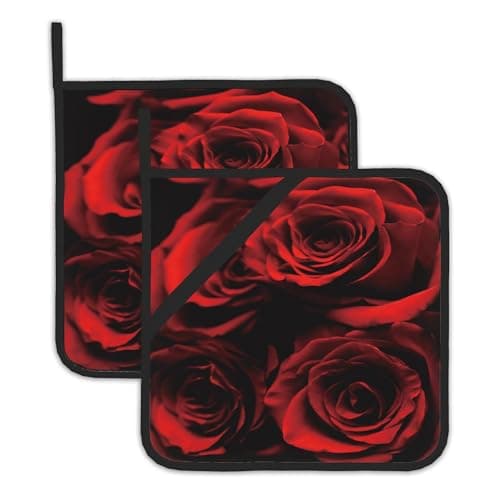 2PCS Rose Pot Holder with Loop,Abstract Red Black Rose Heat Resistant Oven Pads, Hot Pat for Kitchen Cooking Baking Food
