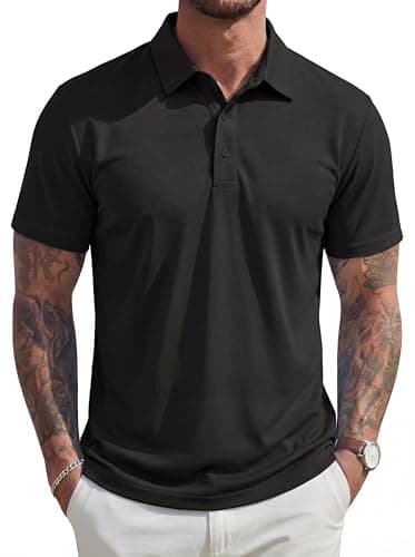 MAGCOMSEN Men's Polo Shirts UPF 80+ UV Protection Performance Golf Polos Side Slits Regular Fit Collar Shirts for Men Summer Black