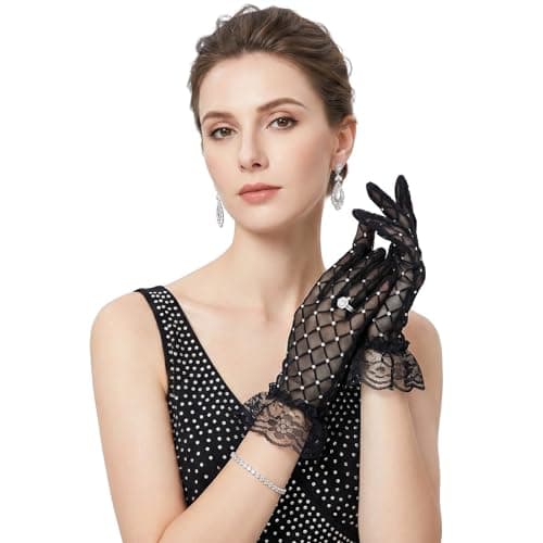 Snuviax Lace Glove for Women, Tea Party Gloves Sparkly Sheer Glove (Black)