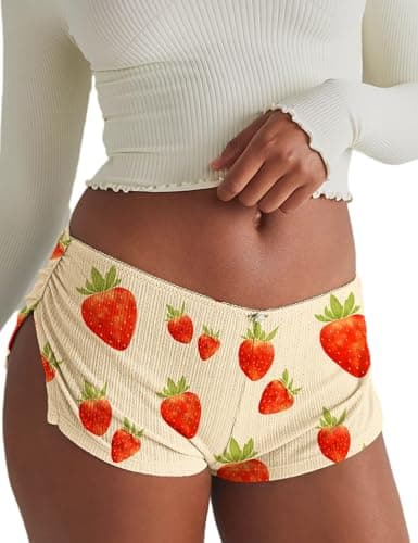 FaroDor Cute Micro Pajamas Shorts for Women Low Rise Side Slit Ruched Lounge Shorts Pj Bottoms Strawberry