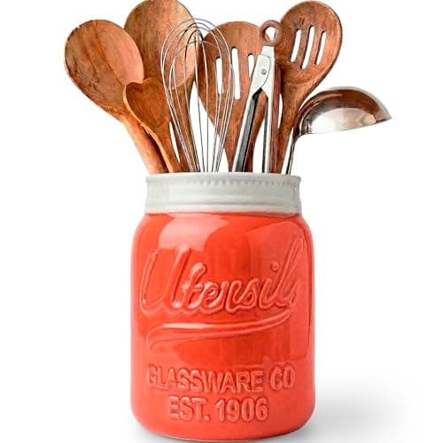 Comfify Coral Mason Jar Utensil Holder – Wide Mouth Ceramic – Farmhouse