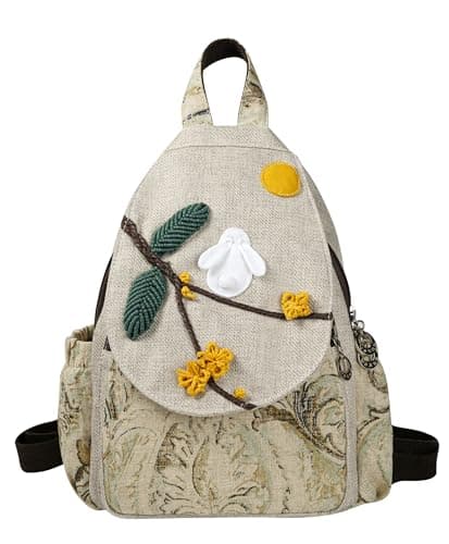 HUANGGUOSHU Bohemian Hand-Woven Cotton and Linen Backpack Small Travel Backpack Multi-Pocket, Convertible, Ideal Gift for Women, College Students, and Travel white rabbit
