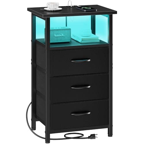 Vagusicc Night Stand with Charging Station, LED Nightstand for Bedroom, Bedside Table with 3 Fabric Drawers, End Table Side Table with USB Ports and Outlets, Bed Side Table for Bedroom, Black
