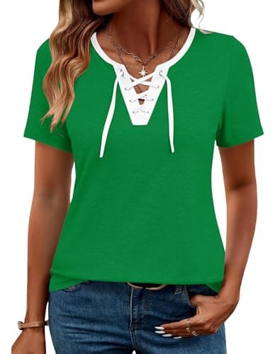 LOMON Shirts for Women Trendy V Neck T Shirts for Women Short Sleeve Womens Tops 2026 Summer Orange Blue Print