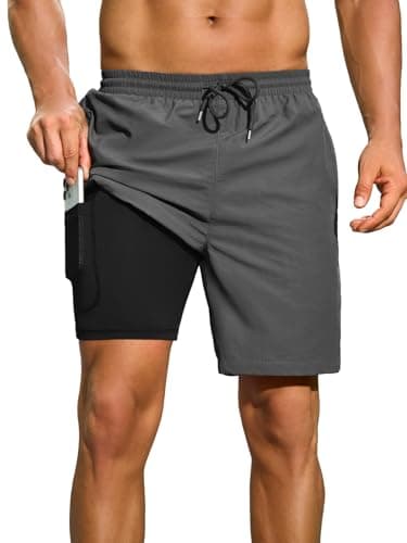 INCERUN Men's Swim Trunks Quick Dry Board Shorts 7'' Beach Shorts with Liner & Zipper Pockets Swimwear Bathing Suit Gray Medium