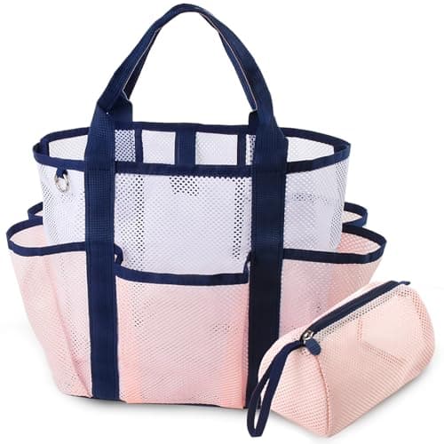 CaCTOUR Mesh Beach Bag, Stylish Beach Tote with Small Mesh Shower Caddy, Packable Tote Bag for Beach Cruise Pool Vacation Essentials(Pink)