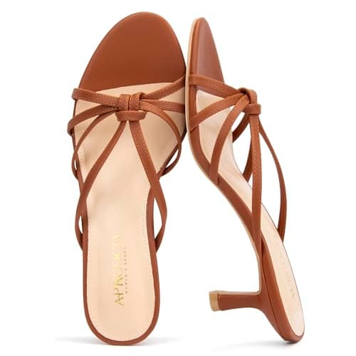 AprCoco Women's Strappy Kitten Heels Knotted Open Round Toe Heels Slip On Mule Heeled Sandals for Women Wedding Party Dressy Summer，Size 06，Brown