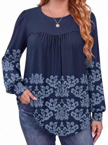 IN'VOLAND Womens Plus Size Tops Long Sleeve Boho Shirts Crew Neck Floral