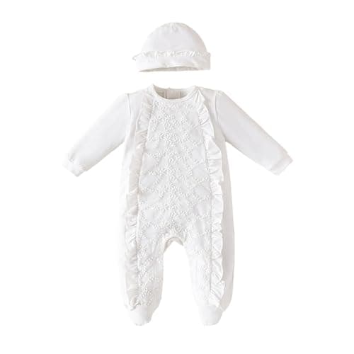 TENTIDE Newborn Baby Girls Embroidery Romper Infant Bodysuit Christening Baptism Footed Outfits Jumpsuit(9-12 Months)