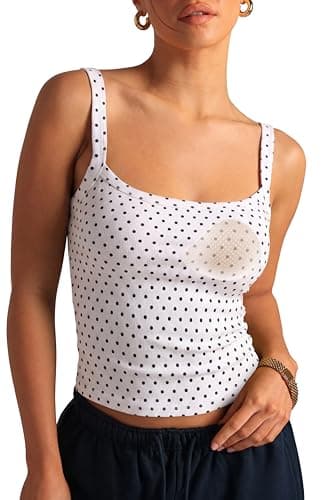 SUUKSESS Women Cotton Rib Padded Tank Tops Sleeveless Spaghetti Strap Square Neck Tops Summer Camisole Going Out Shirts (White Black Polka Dots, Small)