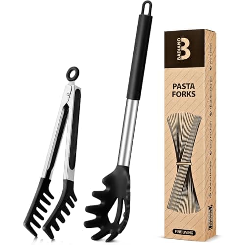 Silicone Spaghetti Spoon & Pasta Tong, Non-Stick Stainless Steel Handle Pasta Fork Set with Teeth, Food Clip for Easy Serving of Noodles (Black)