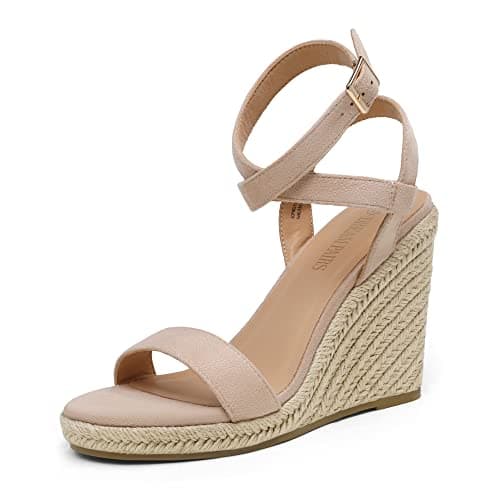 DREAM PAIRS Womens Open Toe Espadrilles Dressy Platform Sandals Buckle Ankle Strap Stylish Wedges Summer Dressy Sandals,Size 5.5,Nude/Suede,SDPW2211W