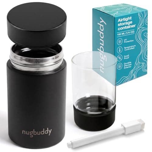nugbuddy Mini Airtight Storage Container - Vacuum Sealed Insulated w Nested Glass Jar - UV Protection, Temperature Controlled Stainless - Whiteboard Finish w Marker Included - 100 ml
