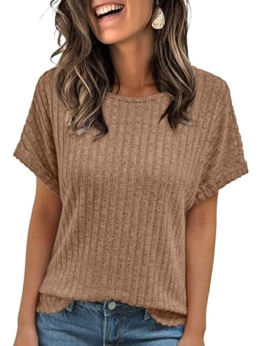 AUTOMET Womens Short Sleeve Tops Fall Shirts 2026 Lightweight Sweater Khaki