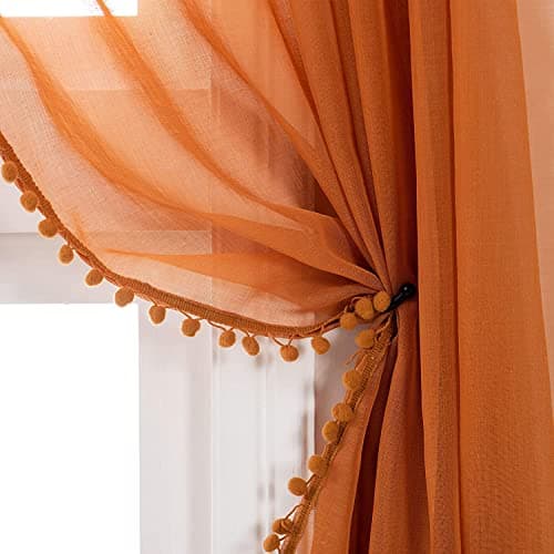 MISS SELECTEX Linen Look Pom Pom Tasseled Sheer Curtains - Rod Pocket Voile Semi-Sheer Curtains for Living and Bedroom, Set of 2 Curtain Panels (52 x 45 inch, Pumpkin Yellow)