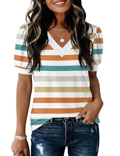 Womens Short Sleeve T Shirts V Neck Loose Fit Shirts Business Casual Tops 2026 Trendy Fashion Orange Blue Stripes M