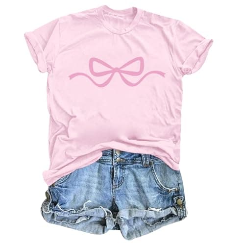 Weetiotio Womens Bow Coquette Shirt Clean Girl Aesthetic Graphic Tees Cute Pink Bow Shirts for Teens Trendy Oversized Tops(Pink,XL)