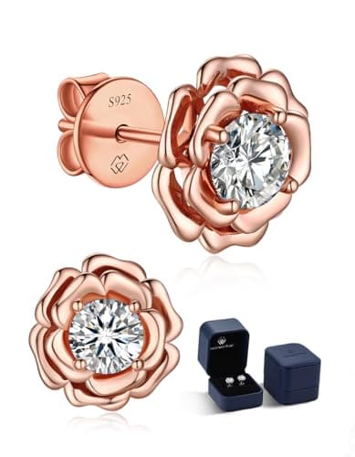 MomentWish Flower Earrings for Women, 1Carat Moissanite Stud Earrings, Simulated Diamond 14K Rose Gold Plated S925 Sterling Silver Studs