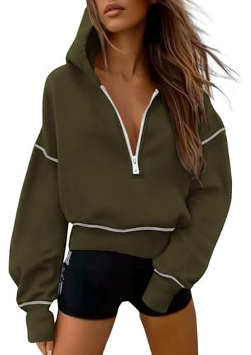PRETTYGARDEN Women's Fall Half Zip Cropped Hoodie Sweatshirt Army Green
