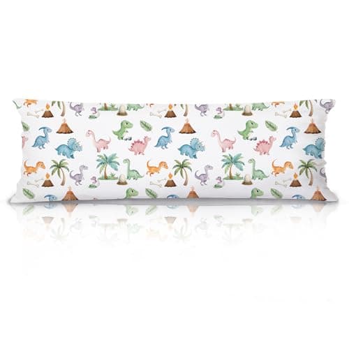XUNLURY Baby Dinosaur 20x54 Body Pillow Cover, Dinosaur Room Decor for Boys, Boys Room Decor, Tropical Palm Tree Volcano Cute Animal Decorative Long Pillow Cases for Bed Couch