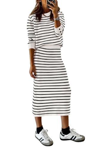 PRETTYGARDEN 2 Piece Skirts Sets for Women Fall Fashion 2026 Striped Sweater Dress Knit Lounge Travel Outfits Winter Clothing (White Stripe,XX-Large)
