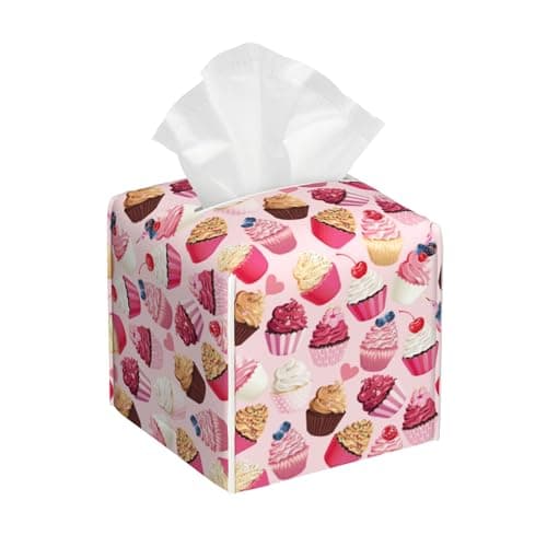 POIUBLE Tissue Box Holder Delicious Cupcakes Tissue Box Cover Square Leather Tissue Holder Organizer Portable Decorative Facial Paper Case for Home Office Bathroom Vanity Countertop