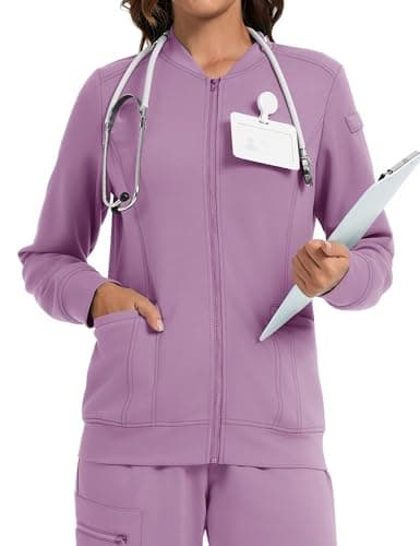 LOMON Scrub Jackets for Women Nursing Coats with Pockets Medical Jacket (Pink Purple,X-Large)