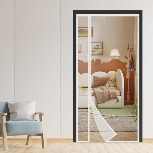 Reversible Left or Right Side Opening Magnetic Screen Door, Narrow Durable Fiberglass Mesh Curtain Hands Free for Patio, Bedroom, Fits Door Size 38" x 82", White