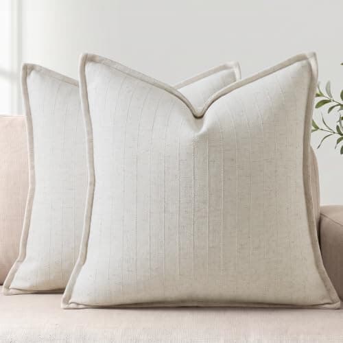 DEZENE 18x18 Linen Pillow Covers Beige Pack of 2 Farmhouse Boho Neutral Accents Striped Textured Square Decorative Throw Pillow Cases for Living Room Couch Bed Home Decor