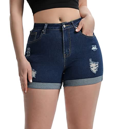 Romastory Women's High Waisted Elastic Jeans Shorts Folded Hem Hot Denim Shorts for Women (Small, Frazzle Darkblue)