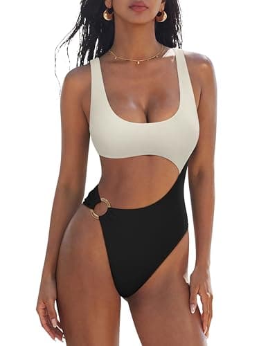 SUUKSESS Women Sexy One piece Tummy Control Swimsuit Cutout Backless Slimming Swimwear 2025 Cheeky Side O-Ring Bathing Suit (Beige White and Black,Medium)