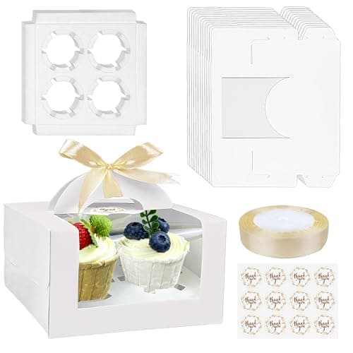 12 PCS White Cupcake Boxes 4 Cavity Cookie Gift Boxes with Clear PVC Display Window Portable Paper with Ribbon and Thank You Stickers for Bakery Weddings Party Parties Holidays and All Occasions