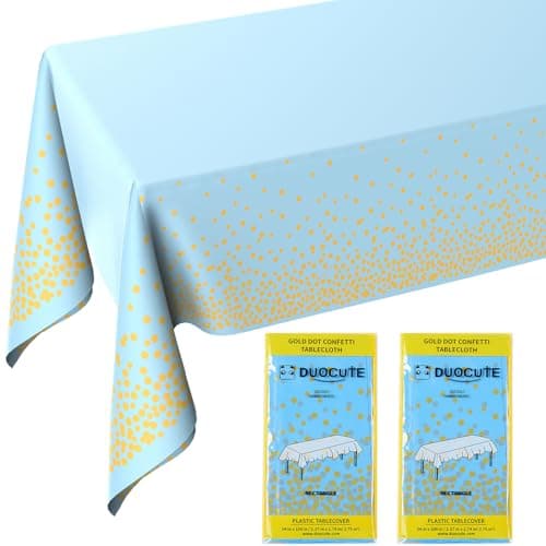 DUOCUTE Blue and Gold Tablecloths for Party 2 Pack - 54x108 inch Gold Dot Confetti Disposable Rectangular Plastic Table Cover for Baby Shower Boy Birthday Engagement Wedding Gender Reveal BBQ Party