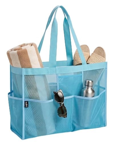 WFK Mesh Beach Bag Light Blue, Lightweight Tote with Pockets