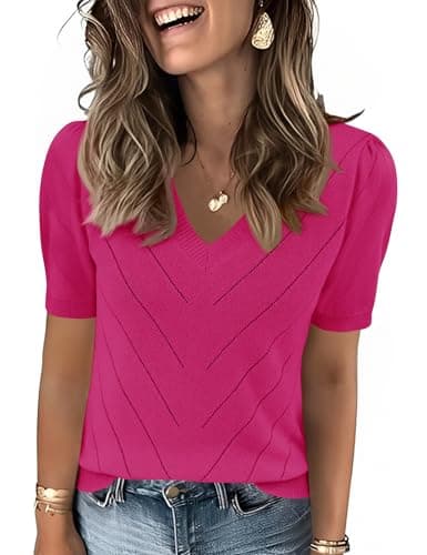 LOMON Short Sleeve Sweater for Women Cute V-Neck Lightweight Knit Tops Pink