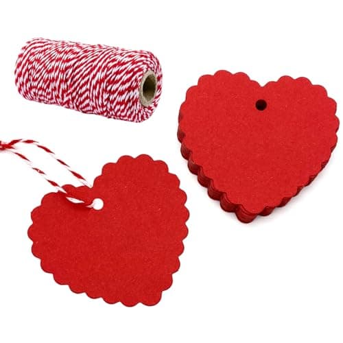 FUGUIR 100 Pcs Valentines Gift Tags Red Heart Cutouts Heart Shaped Paper Present Tags with 300 Feet String for Valentines Day Mothers Day Wedding Party Gift Wrapping Hang Labels