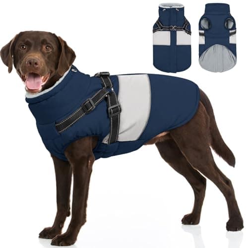 SUNFURA Dog Coat, XXXL Dog Jacket Winter with Harness Built in, Waterproof Pet Snow Jacket with Furry Collar for Chilly Day, Reflective Fleece Snowsuit for Extra Large Dogs, Navy Blue 3XL