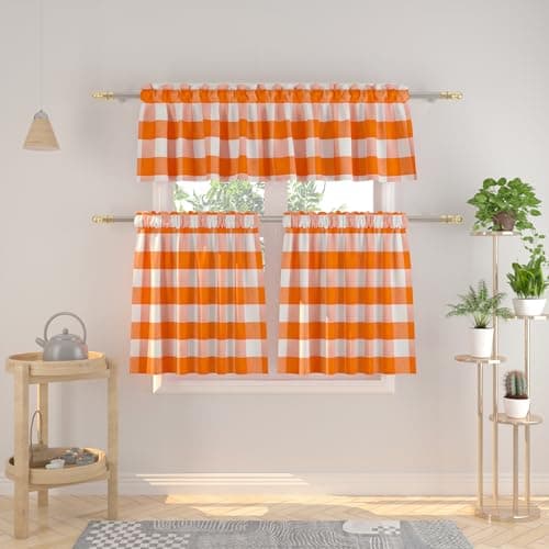 3 Pieces Tier Curtains and Valance Set Buffalo Check Kitchen Tiers Plaid Gingham Rod Pocket Classic Short Small Cafe Curtains Country Farmhouse Cafe Bathroom 54"x18"/27"x30" Orange & White